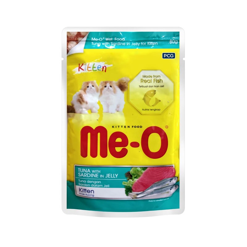 ME-O Pouch Kitten Food - Tuna and Sardine in Jelly 80G/48 (Pack of 12, 960g) - Image 2