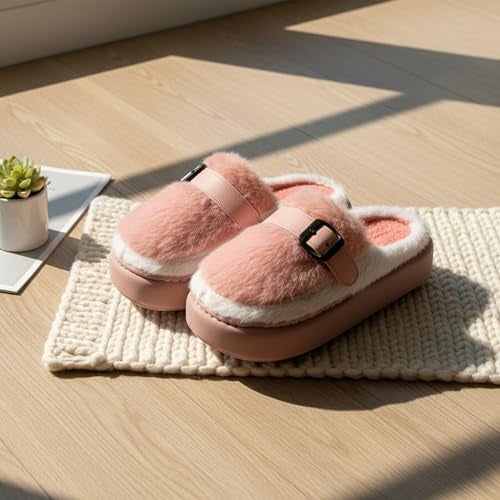 VRITRAZ Women’s Winter Fur Slippers | Fashionable Fluffy House Slides | Anti-Slip Cozy Warm Indoor Footwear (Peach, Size 7) - Image 2