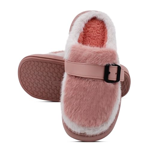 VRITRAZ Women’s Winter Fur Slippers | Fashionable Fluffy House Slides | Anti-Slip Cozy Warm Indoor Footwear (Peach, Size 7) - Image 4