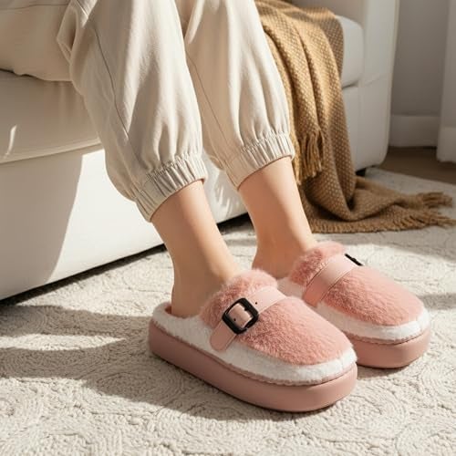 VRITRAZ Women’s Winter Fur Slippers | Fashionable Fluffy House Slides | Anti-Slip Cozy Warm Indoor Footwear (Peach, Size 7) - Image 3