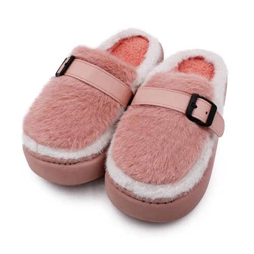 VRITRAZ Women’s Winter Fur Slippers | Fashionable Fluffy House Slides | Anti-Slip Cozy Warm Indoor Footwear (Peach, Size 7) - Image 1