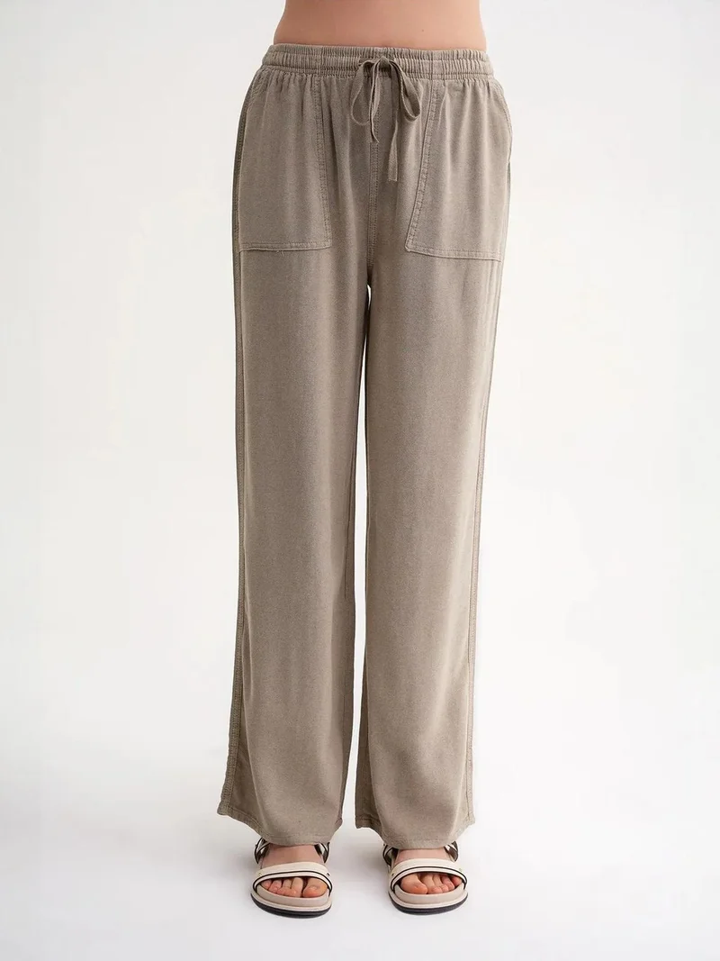 MixRay Camel Brown MIXRAY Mid Waist Straight Leg Cotton Pants with Tie Closure for Women | Best Price UAE