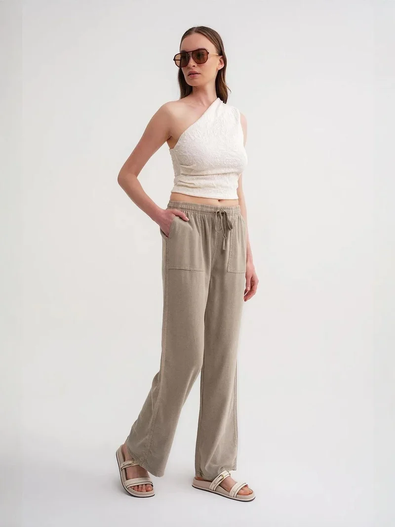 MixRay Camel Brown MIXRAY Mid Waist Straight Leg Cotton Pants with Tie Closure for Women | Best Price UAE