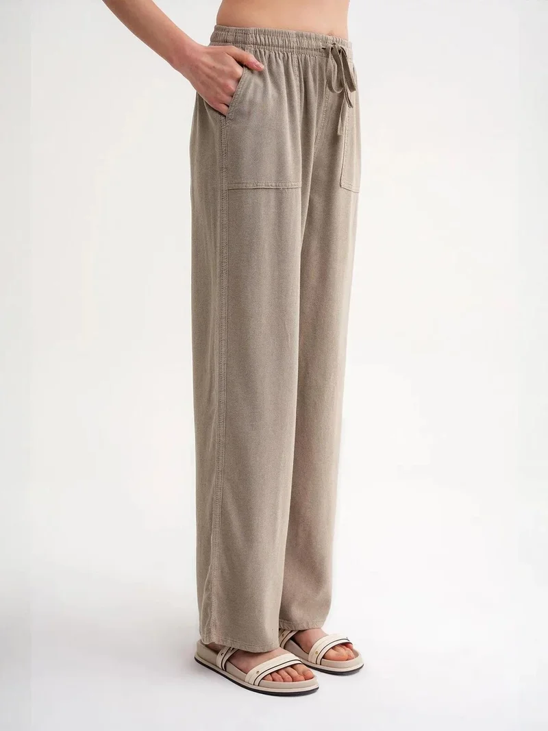 MixRay Camel Brown MIXRAY Mid Waist Straight Leg Cotton Pants with Tie Closure for Women | Best Price UAE