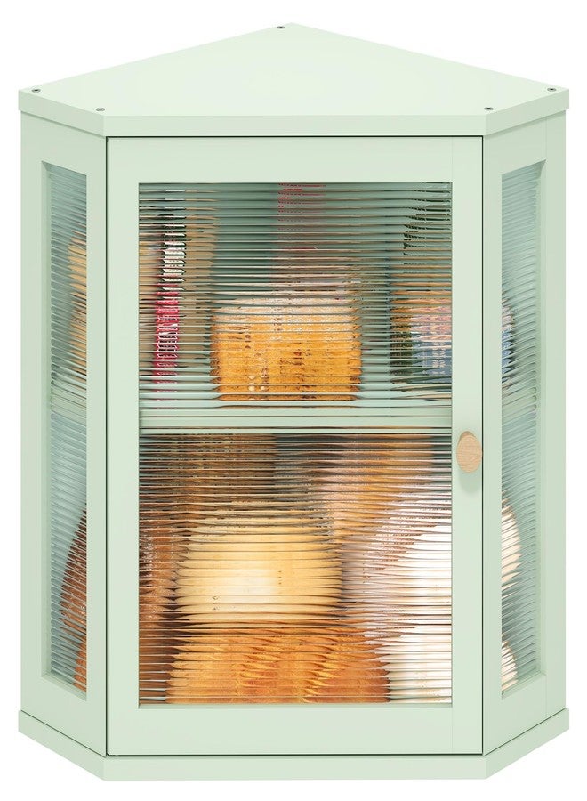 viewcare Corner Bread Box for Kitchen Countertop, Bamboo Wood Green Bread Box, Large Capacity Bread Storage Bin with Acrylic Wavy Door Panel - Image 1