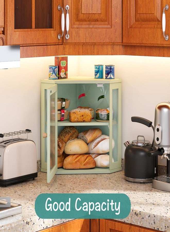 viewcare Corner Bread Box for Kitchen Countertop, Bamboo Wood Green Bread Box, Large Capacity Bread Storage Bin with Acrylic Wavy Door Panel - Image 3