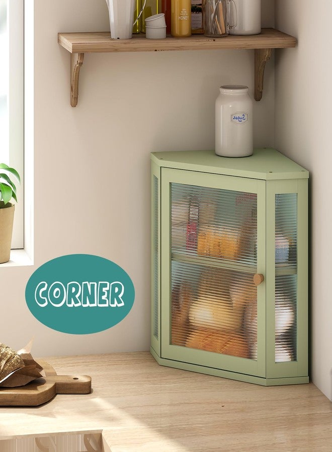 viewcare Corner Bread Box for Kitchen Countertop, Bamboo Wood Green Bread Box, Large Capacity Bread Storage Bin with Acrylic Wavy Door Panel - Image 2