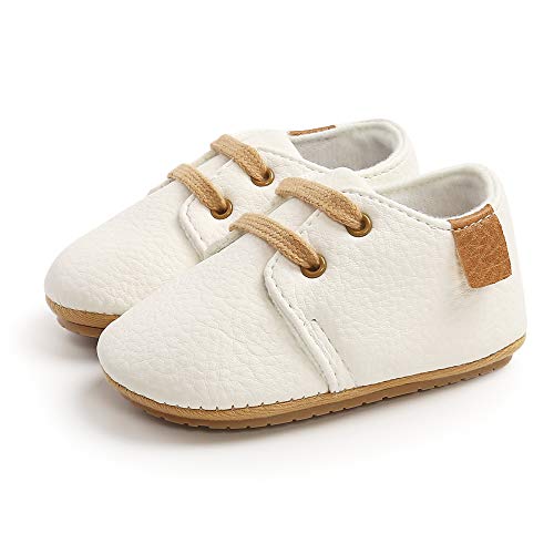 RVROVIC Baby Boys Girls Sneakers Anti-Slip Oxford Loafer Flats Infant Toddler PU Leather Soft Sole Baby Shoes(6-12 Months Infant,1-White) - Image 3