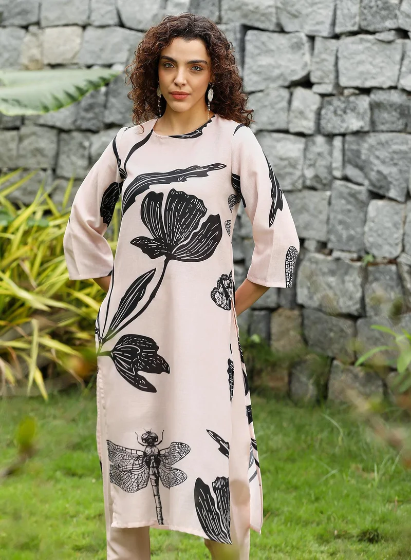 Qissa  Women's Saltbox Beige & Onyx Black Fluttering Petals Kurta Set for Women | Best Price UAE
