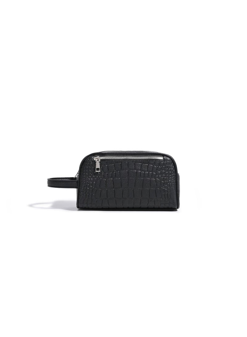 Black Embossed Travel Toiletry Bag with Wrist Strap - Portable Makeup Organizer Pouch - Image 1