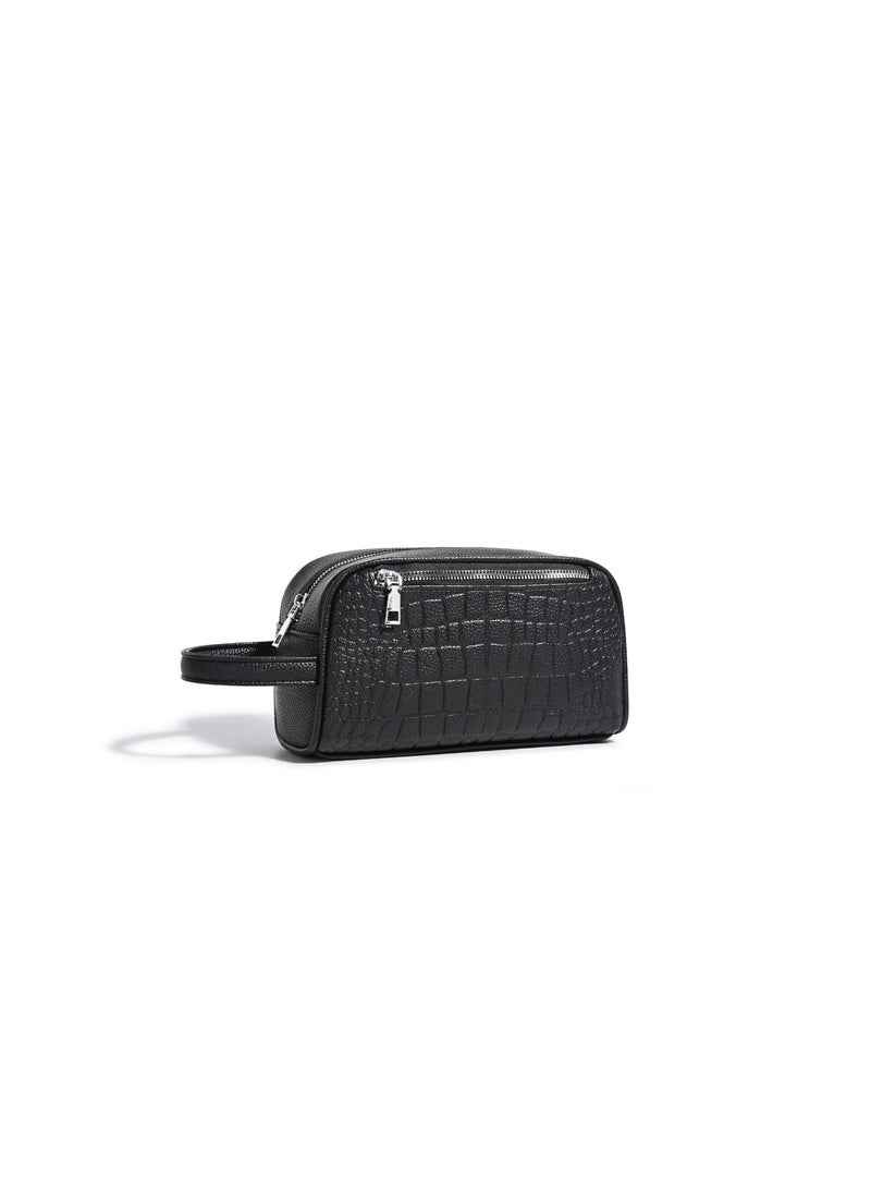 Black Embossed Travel Toiletry Bag with Wrist Strap - Portable Makeup Organizer Pouch - Image 3