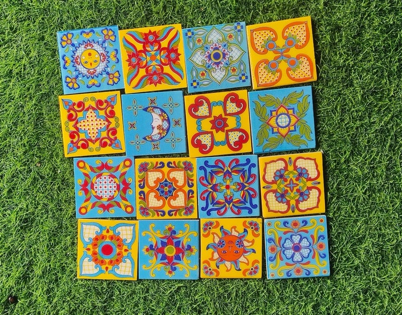 Shiv Kripa Blue Pottery Shiv Kripa Blue Pottery Home Decor Handmade Tabletop Interior Exterior Flooring Wall Kitchen Washroom Tile Floral Decorative Mosaic Wall Tiles 3 x 3 Inch Set of 16 Tiles Multi Color  - Image 3