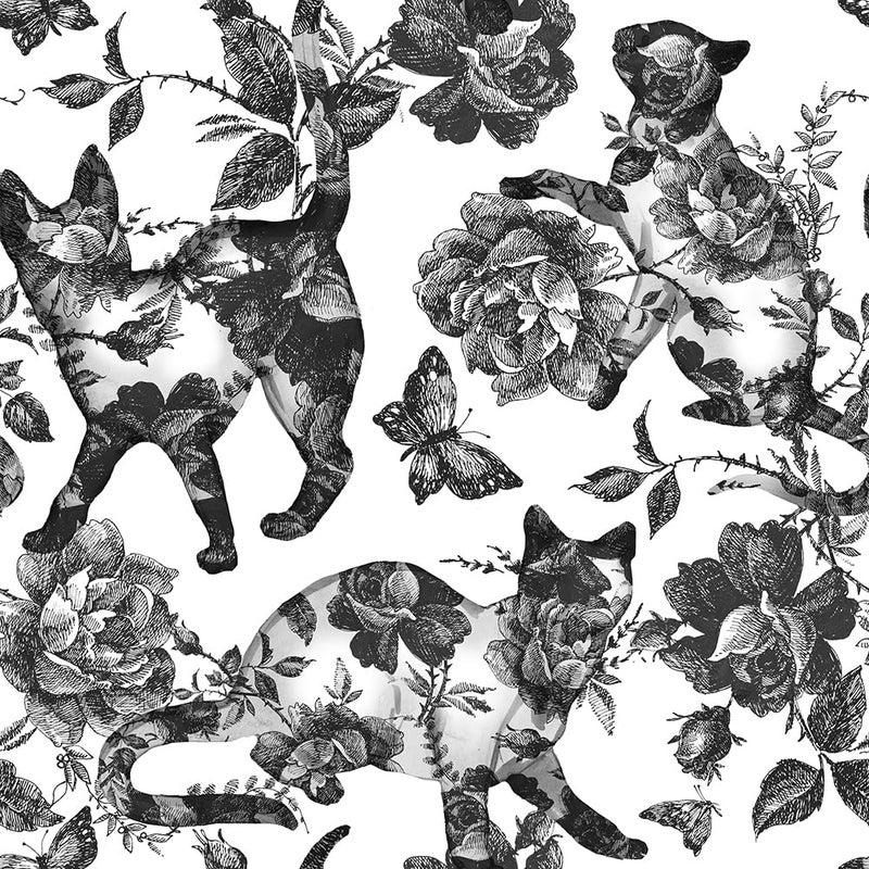 MuralPeel Black White Vintage Floral Cat Animals Butterfly Peel and Stick Wallpaper Self Adhesive Removable Easy Peel Off Contact Paper Stick on Wall Paper for Bedroom Cabinet Renter Friendly - Image 1