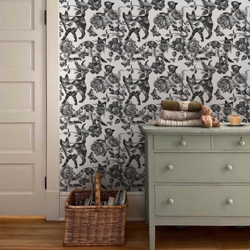 MuralPeel Black White Vintage Floral Cat Animals Butterfly Peel and Stick Wallpaper Self Adhesive Removable Easy Peel Off Contact Paper Stick on Wall Paper for Bedroom Cabinet Renter Friendly - Image 3