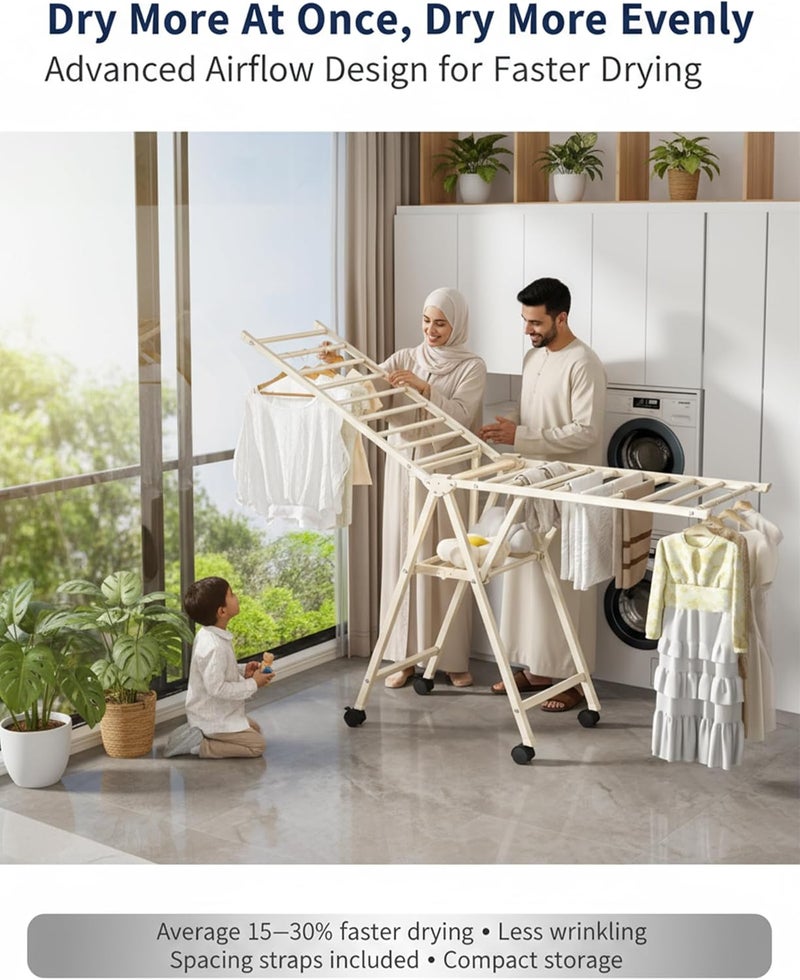 ALLESM Folding Clothes Dryer Clothes Drying Rack, Laundry Drying Rack Folding with Wheels, 180×95.5×67cm Clothes Dryer Stand, Foldable Laundry Rack with Extendable Hangers for Abaya/Thobe, Windproof Clips - Image 5