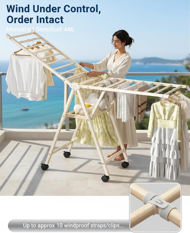 ALLESM Folding Clothes Dryer Clothes Drying Rack, Laundry Drying Rack Folding with Wheels, 180×95.5×67cm Clothes Dryer Stand, Foldable Laundry Rack with Extendable Hangers for Abaya/Thobe, Windproof Clips - Image 3