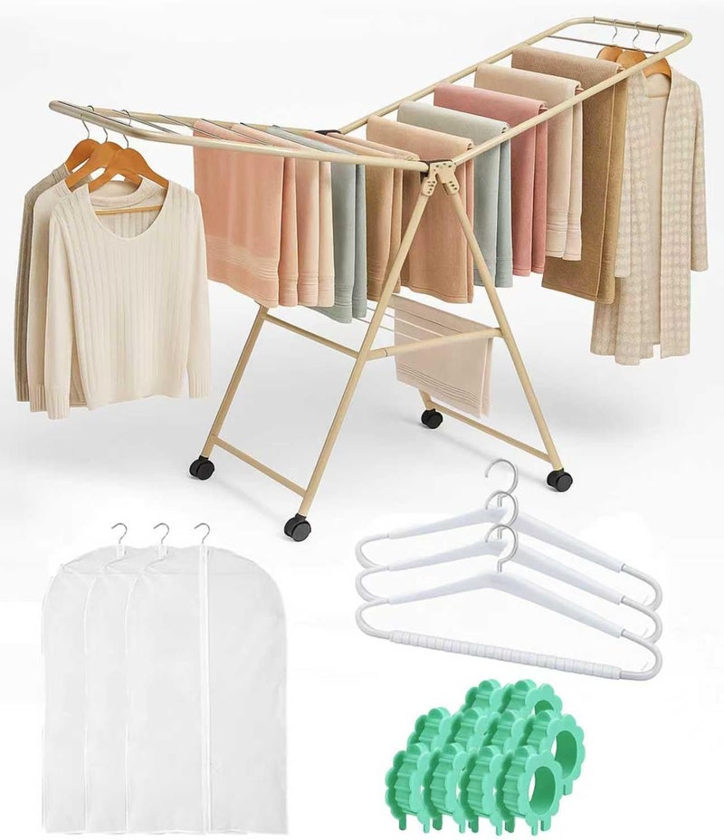 ALLESM Folding Clothes Dryer Clothes Drying Rack, Laundry Drying Rack Folding with Wheels, 180×95.5×67cm Clothes Dryer Stand, Foldable Laundry Rack with Extendable Hangers for Abaya/Thobe, Windproof Clips - Image 1