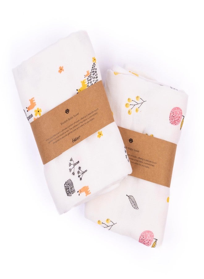 HABER Traditional Baby Muslin Bath Towel Organic Indian Cotton 4 Layer, Eco-Conscious & Safe Printed Muslin Cloth Towels (70x70cm | Pack of 2, Animals and Fruits) - Image 2