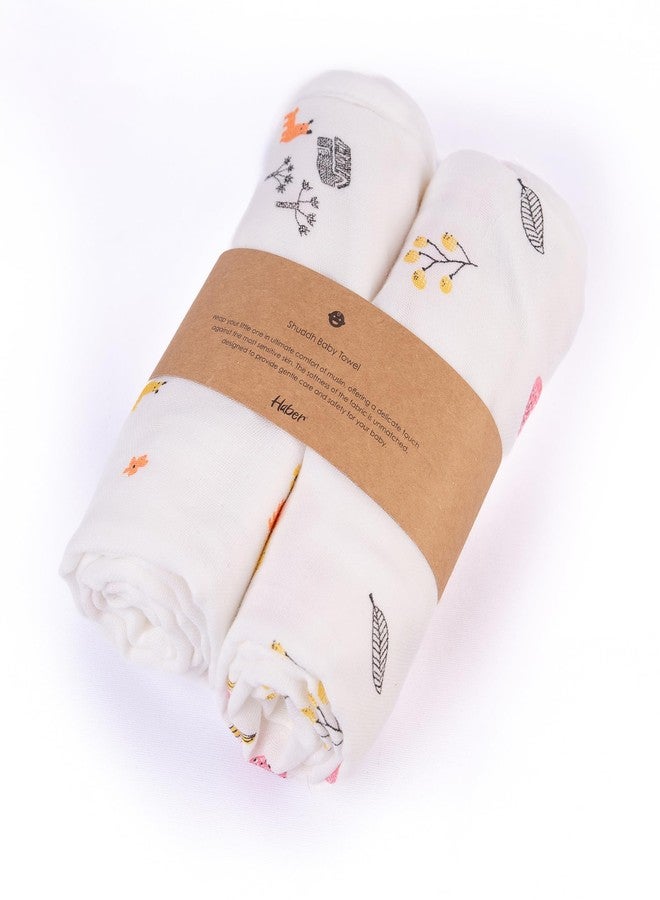 HABER Traditional Baby Muslin Bath Towel Organic Indian Cotton 4 Layer, Eco-Conscious & Safe Printed Muslin Cloth Towels (70x70cm | Pack of 2, Animals and Fruits) - Image 1