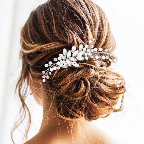 Gorais Crystal Bride Wedding Hair Comb Pearl Bridal Hair Pieces Rhinestone Hair Accessories for Women and Girls (A-Silver) - Image 2