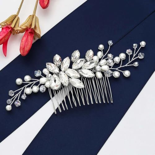 Gorais Crystal Bride Wedding Hair Comb Pearl Bridal Hair Pieces Rhinestone Hair Accessories for Women and Girls (A-Silver) - Image 3