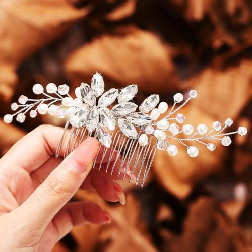 Gorais Crystal Bride Wedding Hair Comb Pearl Bridal Hair Pieces Rhinestone Hair Accessories for Women and Girls (A-Silver) - Image 1