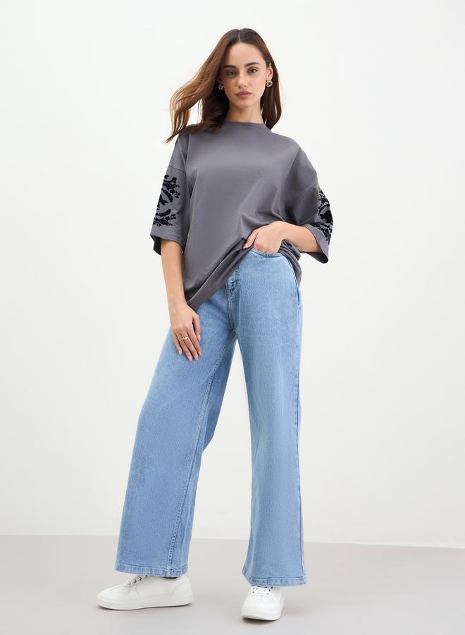 Styli Charcoal Embroidered Sleeve Oversized T-Shirt - Image 2