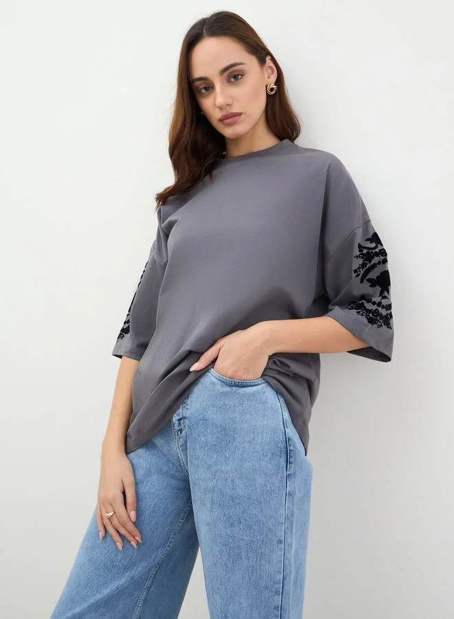 Styli Charcoal Embroidered Sleeve Oversized T-Shirt
