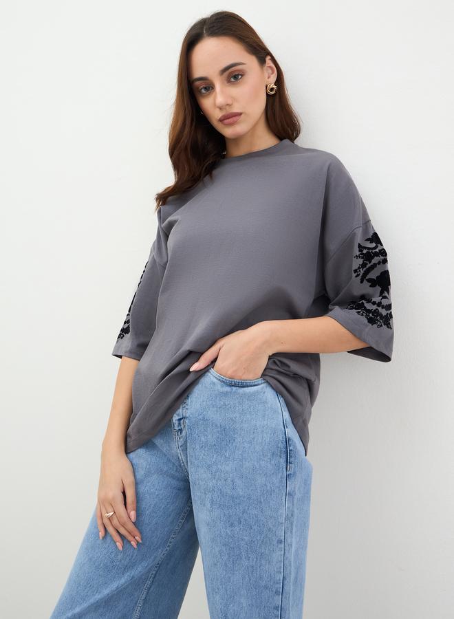 Styli Charcoal Embroidered Sleeve Oversized T-Shirt - Image 1