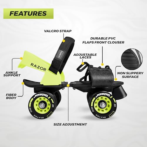 JASPO Razor Adjustable Roller Skates | Unique Ankle Support | 61mm PU Wheels | Anti-Skid Surface | Lightweight | Quad Skates for Kids & Adults (Size 25–31 cm, Age 8+)(Skate Only) Neon - Image 2