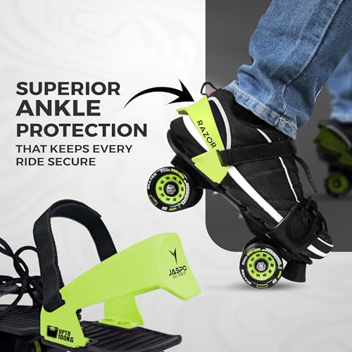 JASPO Razor Adjustable Roller Skates | Unique Ankle Support | 61mm PU Wheels | Anti-Skid Surface | Lightweight | Quad Skates for Kids & Adults (Size 25–31 cm, Age 8+)(Skate Only) Neon - Image 4
