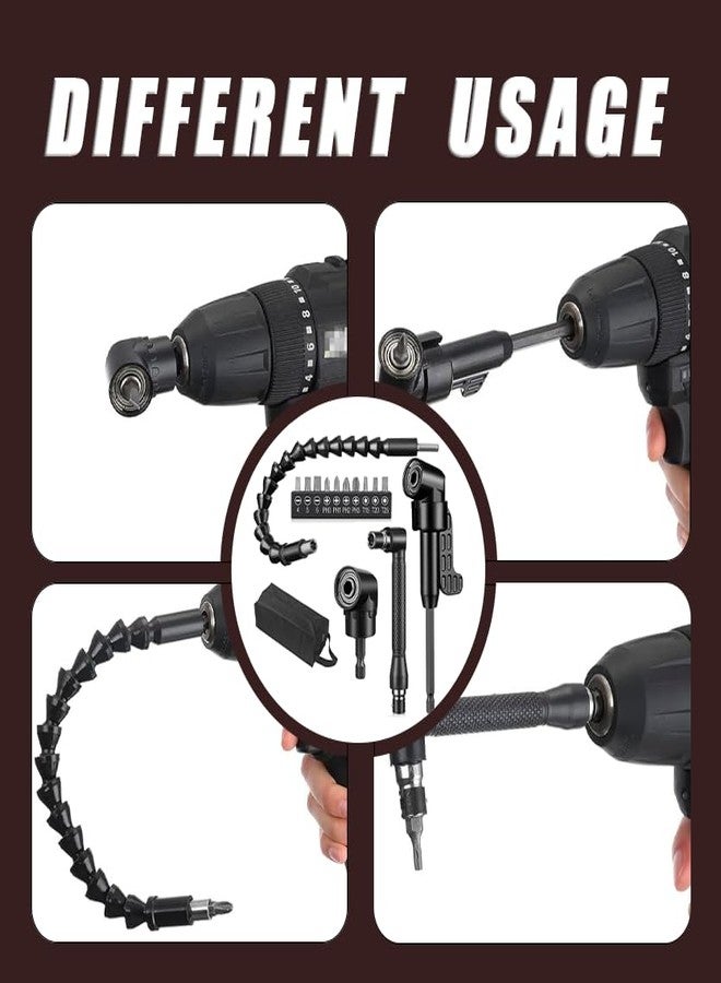 DOOOYU 21 Pcs Right Angle Drill Attachment Set Includes 2Pcs Flexible Drill Bit Extension 3Pcs 360° Rotatable 1/4 3/8 1/2" Impact Grade Socket Adapter 3Pcs Drill Bit Holder 10 Short Screwdriver Bits - Image 4