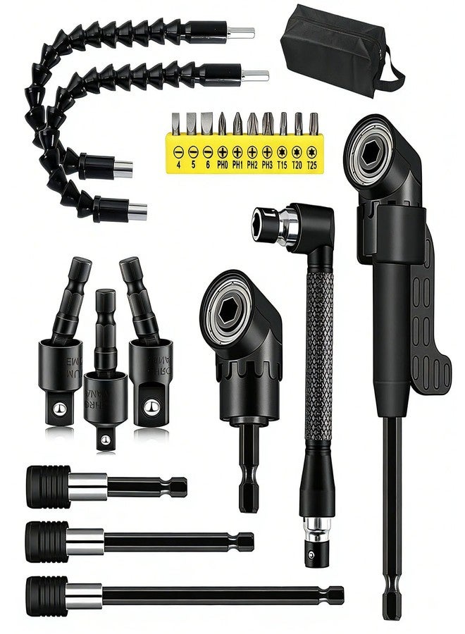 DOOOYU 21 Pcs Right Angle Drill Attachment Set Includes 2Pcs Flexible Drill Bit Extension 3Pcs 360° Rotatable 1/4 3/8 1/2" Impact Grade Socket Adapter 3Pcs Drill Bit Holder 10 Short Screwdriver Bits - Image 1