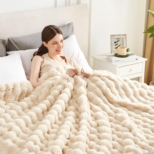 Serenhom 60x80 Inches Ultra-Soft Fuzzy Faux Fur Plush Twin Size Blanket - Thick, Warm Sherpa for Couch, Sofa, Bedroom, Camping - Decorative Blanket for Cozy Warmth, Bubble Khaki - Image 1