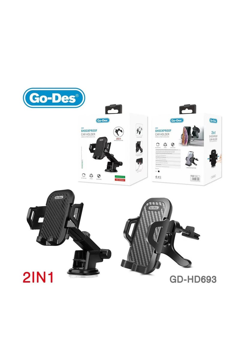 GO-DES 360 Degree 2 in 1 Universal Car Air Vent Phone Holder Cradle Car Dashboard Mount Phone Holder for Mobile Phone 2in1 Shockproof Car Hold