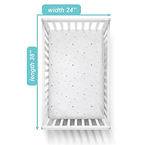 TL Care 100% Natural Cotton Fitted Mini Crib Sheet 38" x 24" - Soft & Breathable Small Nesting Portable Crib Sheet, Fits Pack N Play Mattresses, Pink Stars and Moon, for Boys & Girls - Image 3