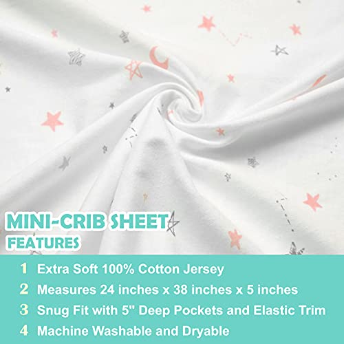TL Care 100% Natural Cotton Fitted Mini Crib Sheet 38" x 24" - Soft & Breathable Small Nesting Portable Crib Sheet, Fits Pack N Play Mattresses, Pink Stars and Moon, for Boys & Girls - Image 4