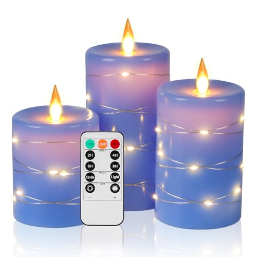 Da by Flameless Candles with String Lights，Battery Operated Candles,LED Flickering Candles with Remote Control and Timer, Real Wax, 3 Pack-Blue. - Image 1