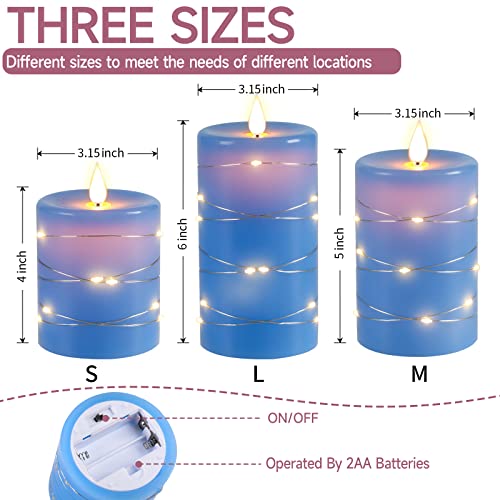 Da by Flameless Candles with String Lights，Battery Operated Candles,LED Flickering Candles with Remote Control and Timer, Real Wax, 3 Pack-Blue. - Image 2