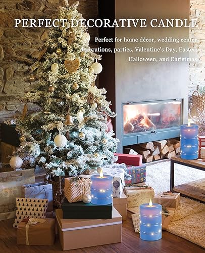 Da by Flameless Candles with String Lights，Battery Operated Candles,LED Flickering Candles with Remote Control and Timer, Real Wax, 3 Pack-Blue. - Image 3