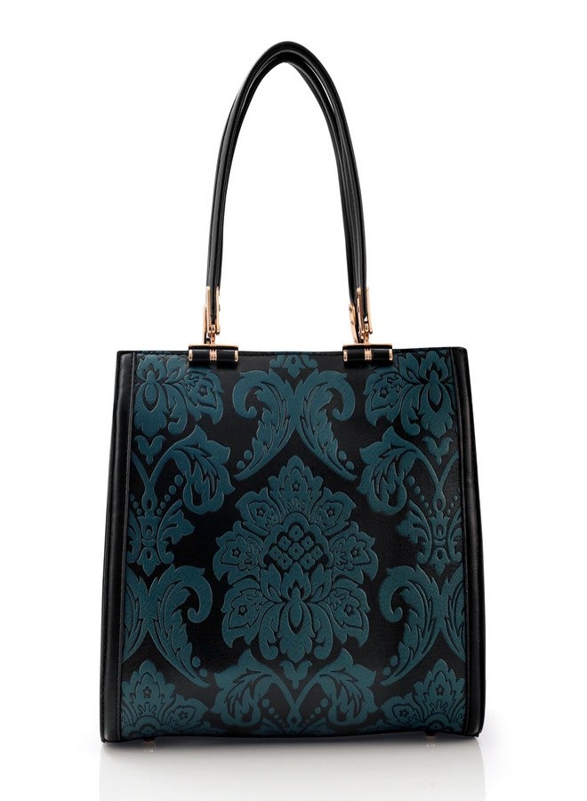 JI ACCESSORIES JI Designer Inspired Floral Embossed Tote - Top Handle & Crossbody Bag for Women (BLACK) - Image 2