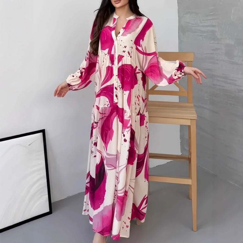 Women's Printed Loose Fit Long Sleeve V-Neck Maxi Dress - Image 4