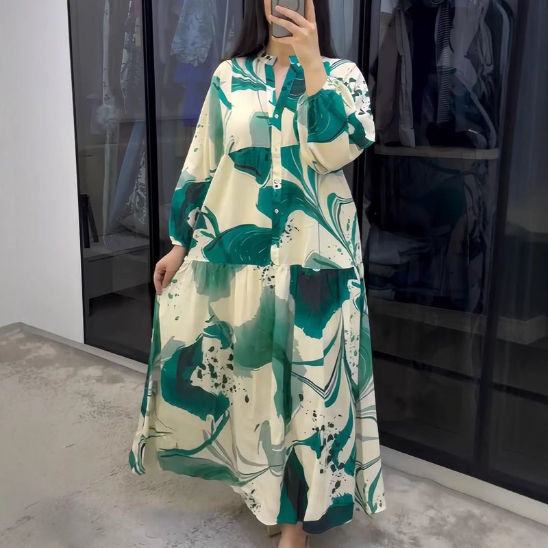 Women's Printed Loose Fit Long Sleeve V-Neck Maxi Dress - Image 2
