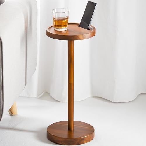 BLUEWEST Pedestal Side Table  Acacia Weighted Base Drink Table with Phone Holder  Small Round Side Table for Small Spaces Martini or Cocktail End Table Compact Mini Pedestal Table for Home Use