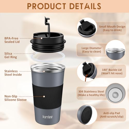 KETIEE Travel Coffee Mug Spill Proof 12oz, Insulated Reusable Coffee Cups with Seal Lid, Vacuum Stainless Steel Travel Mug to Go Car Tumbler for Hot/Ice Drinks (Grey) - Image 2