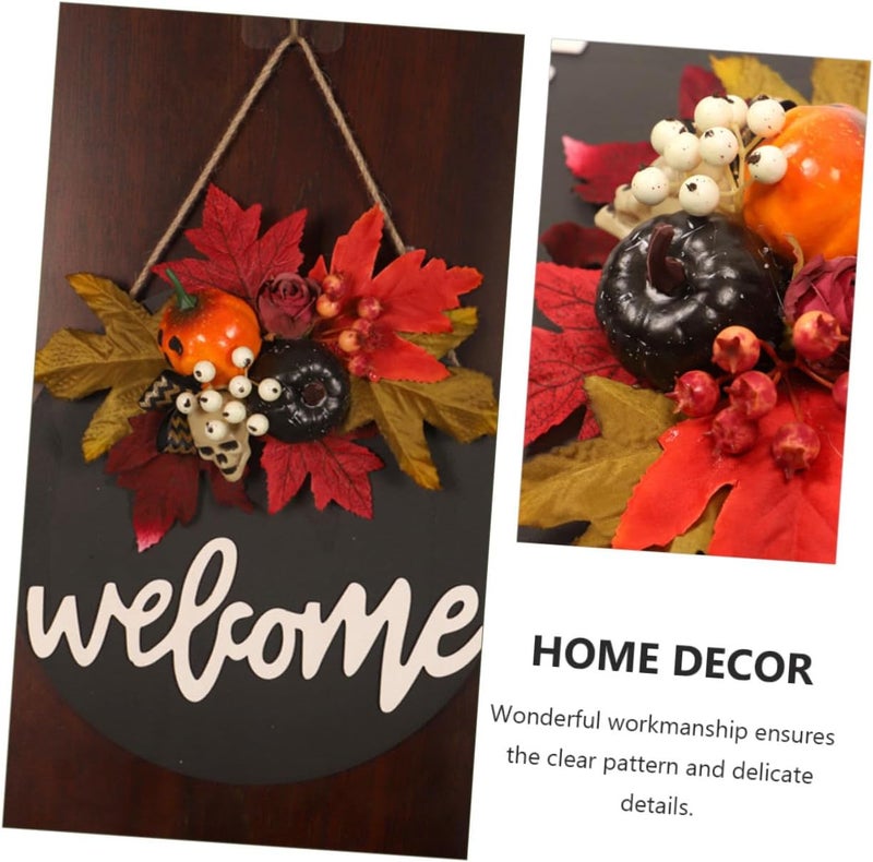 VICASKY Halloween Pumpkin Wall Hanging with Realistic Maple Leaves Black Wooden Door Sign Seasonal Party Decor Indoor Outdoor Hanging Ornament - Image 3