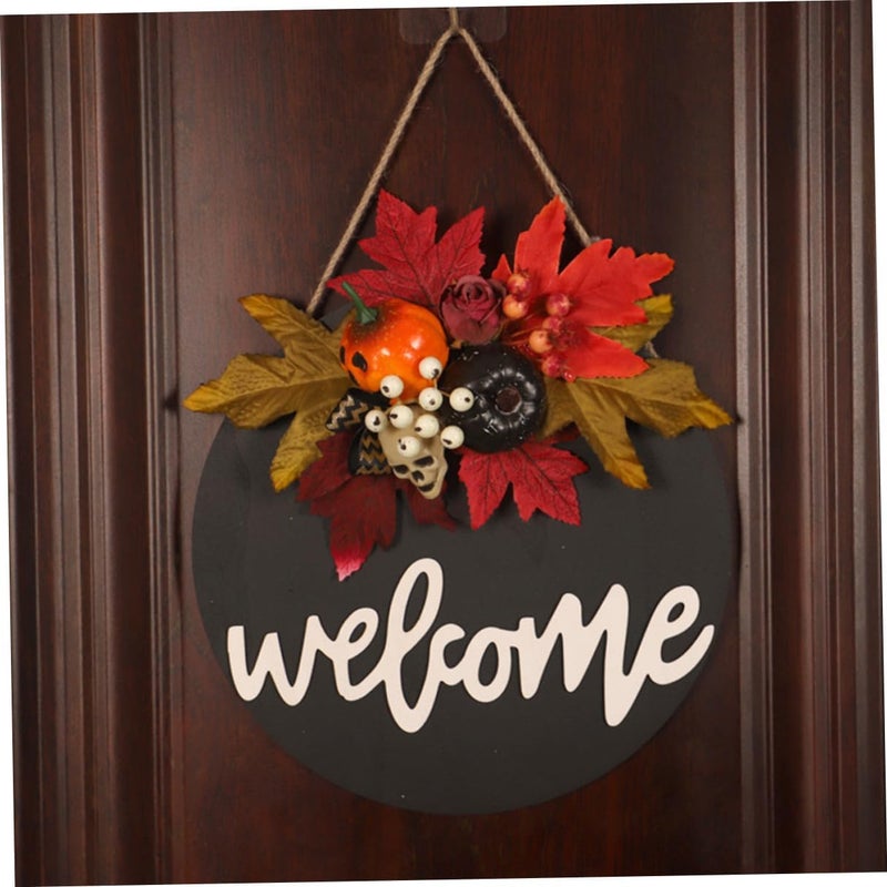 VICASKY Halloween Pumpkin Wall Hanging with Realistic Maple Leaves Black Wooden Door Sign Seasonal Party Decor Indoor Outdoor Hanging Ornament - Image 5