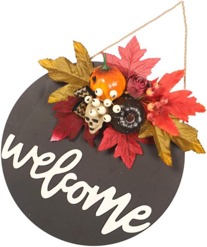 VICASKY Halloween Pumpkin Wall Hanging with Realistic Maple Leaves Black Wooden Door Sign Seasonal Party Decor Indoor Outdoor Hanging Ornament - Image 1