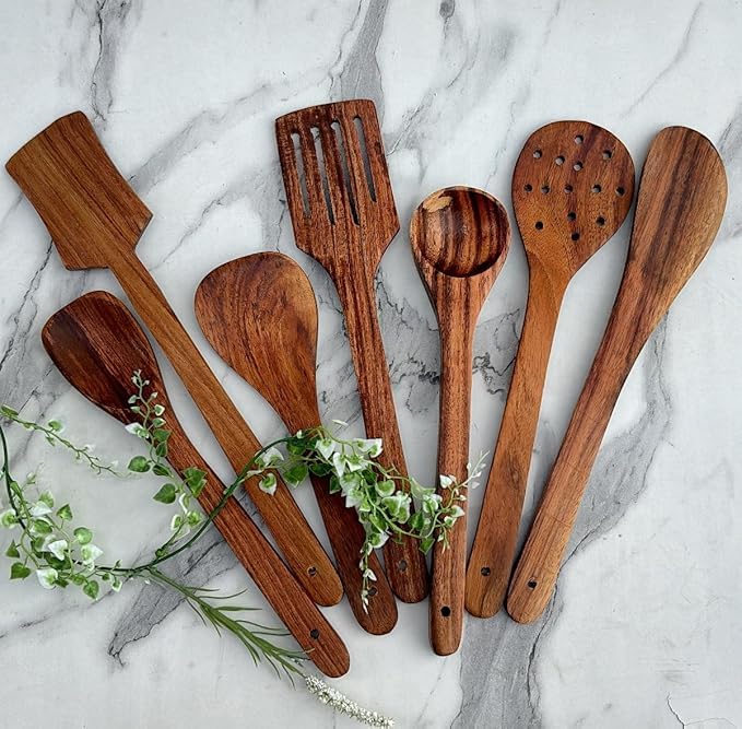 Haristar Natural Wooden Spoon Set for Cooking Includes Frying Serving Spatula Chapati Dessert Rice Spoons Wooden for Nonstick Cookware Kitchen Utensils and Cooking Spoon Set of 7-35.56 Cm - Image 1