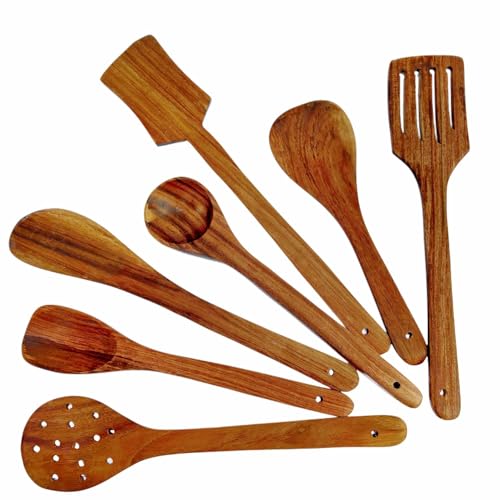 Haristar Natural Wooden Spoon Set for Cooking Includes Frying Serving Spatula Chapati Dessert Rice Spoons Wooden for Nonstick Cookware Kitchen Utensils and Cooking Spoon Set of 7-35.56 Cm - Image 2